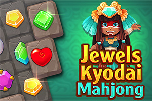 En farverig illustration med en kvindelig karakter iført en traditionel hat og smykker ved siden af forskellige juveler og teksten Jewels Kyodai Mahjong