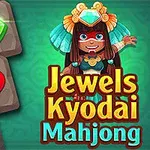 En farverig illustration med en kvindelig karakter iført en traditionel hat og smykker ved siden af forskellige juveler og teksten Jewels Kyodai Mahjong