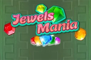 Farverige ædelstene og teksten Jewels Mania på en grøn baggrund