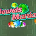 Farverige ædelstene og teksten Jewels Mania på en grøn baggrund