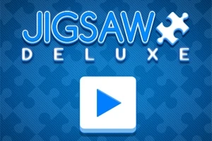 Blå baggrund med teksten Jigsaw Deluxe og en puslespilsbrik samt en hvid afspilningsknap
