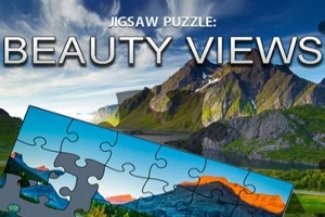 Et puslespilbillede med en smuk bjergudsigt og teksten Jigsaw Puzzle: Beauty Views øverst