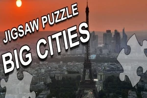 Eiffeltårnet i silhuet mod en rød solnedgang med teksten Jigsaw Puzzle Big Cities i forgrunden