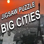 Eiffeltårnet i silhuet mod en rød solnedgang med teksten Jigsaw Puzzle Big Cities i forgrunden