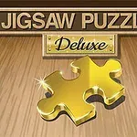 Guldpuslespilsbrik på træbaggrund med teksten Jigsaw Puzzle Deluxe ovenfor