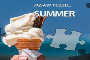 Hånd der holder en isvaffel med to chokoladepinde mod en blå himmel, med teksten Jigsaw Puzzle: Summer og et puslespilbrik-motiv