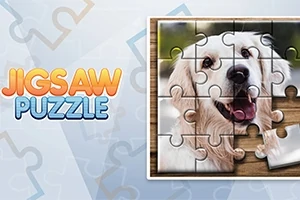 En puslespilsplade med et billede af en glad hund i gang med at blive samlet, og teksten Jigsaw Puzzle ved siden af