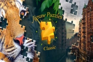 Brikbilledet viser en tiger til venstre og en bykanal med bygninger til højre, med teksten Jigsaw Puzzles Classic i midten