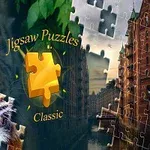 Brikbilledet viser en tiger til venstre og en bykanal med bygninger til højre, med teksten Jigsaw Puzzles Classic i midten