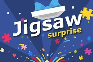 Farverigt billede med teksten Jigsaw Surprise, puslespilsbrikker i forskellige farver og et festligt mønster