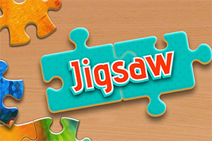 Farverige puslespilsbrikker og teksten Jigsaw på en blå puslespilsbrik
