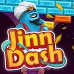 En blå ånd iført en turban smiler ved siden af farverige mursten med en bold i bevægelse og teksten Jinn Dash i forgrunden