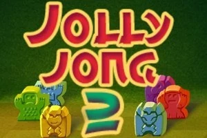 Farverige figurer og teksten Jolly Jong 2 på en grøn baggrund