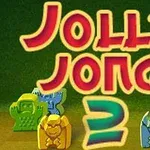 Farverige figurer og teksten Jolly Jong 2 på en grøn baggrund