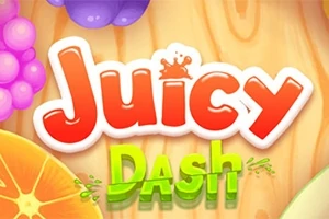 Tekst med ordene Juicy Dash i farverige bogstaver med frugter i baggrunden