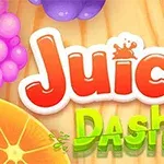 Tekst med ordene Juicy Dash i farverige bogstaver med frugter i baggrunden