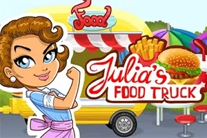 Tegneseriefigur ved siden af en farverig madvogn med pommes frites og en burger samt teksten Julias Food Truck