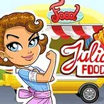 Tegneseriefigur ved siden af en farverig madvogn med pommes frites og en burger samt teksten Julias Food Truck