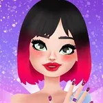 Animeret karakter med sort og pink hår, store øjne og rød læbestift mod en lilla baggrund