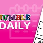 Farverigt Jumble Daily logo på lyserød baggrund med delvis synlig ordpuslespil