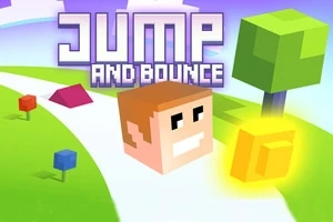En pixeleret figur med en terningformet hoved springer på en vej, omgivet af farverige geometriske former og et træ, med teksten Jump and Bounce øverst