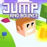 En pixeleret figur med en terningformet hoved springer på en vej, omgivet af farverige geometriske former og et træ, med teksten Jump and Bounce øverst