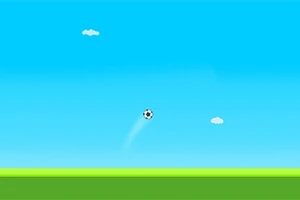 En fodbold svæver i luften mod en blå himmel med to skyer, over en grøn græsplæne