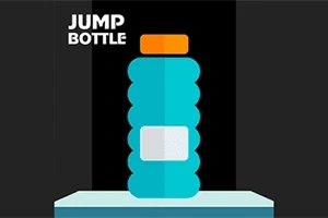 En blå flaske med en orange hætte står på en platform med teksten Jump Bottle skrevet ved siden af