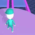 Figur iført grøn dragt og kasket står på lilla platform med blå-og-pink bane foran