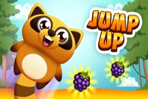 En glad, animeret vaskebjørn hopper i en farverig skov med to brombær og teksten Jump Up