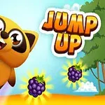 En glad, animeret vaskebjørn hopper i en farverig skov med to brombær og teksten Jump Up