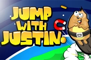 Tegneseriefigur iført bælte springer op med magnet og skyer i baggrunden samt teksten JUMP WITH JUSTIN