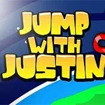Tegneseriefigur iført bælte springer op med magnet og skyer i baggrunden samt teksten JUMP WITH JUSTIN