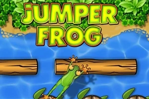En tegnet frø hopper på træstammer i en flod med teksten Jumper Frog foroven