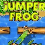 En tegnet frø hopper på træstammer i en flod med teksten Jumper Frog foroven