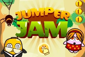 To an karakterer og en edderkop med teksten Jumper Jam i baggrunden og gyldne mønter til højre