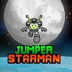 En grøn, rumvæsenlignende figur med antenner og hjelm svæver foran en stor fuldmåne med teksten Jumper Starman nedenunder