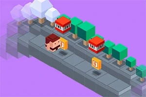 En pixelkunst scene med en karakter på en vej med træer, huse og gyldne mønter mod en lilla baggrund
