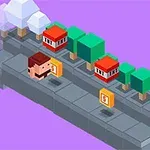 En pixelkunst scene med en karakter på en vej med træer, huse og gyldne mønter mod en lilla baggrund