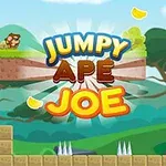 En tegneseriemæssig abe på en platform i en farverig skov med teksten Jumpy Ape Joe i midten