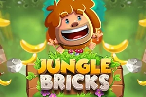 Glad tegneseriefigur med brunt hår omgivet af bananer over teksten Jungle Bricks med grøn baggrund