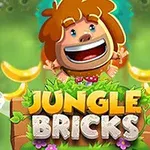 Glad tegneseriefigur med brunt hår omgivet af bananer over teksten Jungle Bricks med grøn baggrund