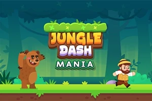En tegneseriefigur i eventyrtøj løber væk fra en brun bjørn i en skov med titlen Jungle Dash Mania over dem