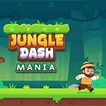 En tegneseriefigur i eventyrtøj løber væk fra en brun bjørn i en skov med titlen Jungle Dash Mania over dem
