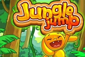 Farverig tegneserieillustration af en glad gul figur, der jubler i en frodig jungle