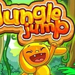 Farverig tegneserieillustration af en glad gul figur, der jubler i en frodig jungle