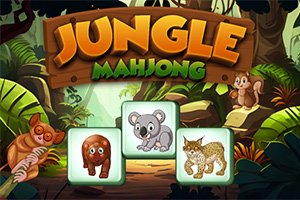 Tegning af en jungle med titlen Jungle Mahjong og fliser med billeder af en kolibri, en koala, og en los, omgivet af frodig vegetation og dyr