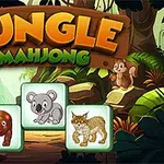 Tegning af en jungle med titlen Jungle Mahjong og fliser med billeder af en kolibri, en koala, og en los, omgivet af frodig vegetation og dyr