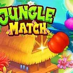 Papegøje med farverige fjer svæver nær en stråtækt hytte omgivet af tropiske frugter og blomster, med teksten Jungle Match i venstre side