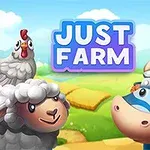 Tegneserieillustration af et får, en ko og en høne foran en farverig baggrund med teksten Just Farm i himlen